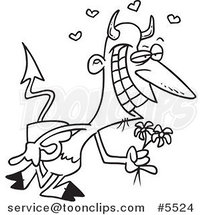Cartoon Black and White Line Drawing of a Romantic Devil with Candy by Toonaday