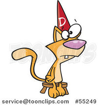Cartoon Dumb Orange Cat Sitting on a Stool and Wearing a Dunce Hat by Toonaday