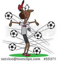 Cartoon Black Female Soccer Coach with Balls Flying at Her by Toonaday
