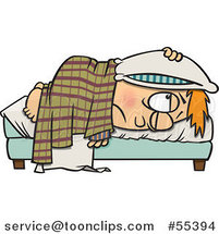 Cartoon Tired Boy Lying in Bed with a Pillow over His Head by Toonaday