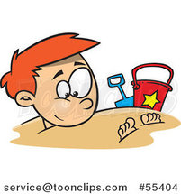 Cartoon Happy Red Haired Boy Buried in Beach Sand by Toonaday