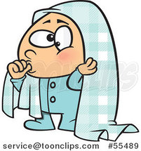 Cartoon Boy Sucking His Thumb and Holding a Blankie over His Head by Toonaday