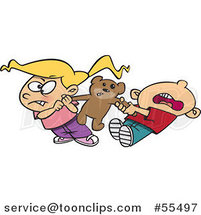 Cartoon Boy and Girl Quarreling over Sharing a Teddy Bear by Toonaday