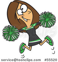 Cartoon Happy Cheerleader Jumping with Green Pom Poms by Toonaday