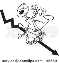 Cartoon Black and White Line Drawing of a Business Man Riding a Downwards Arrow like a Cowboy by Toonaday