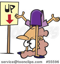Cartoon Confused White Lady Contorting Her Body by an up down Sign by Toonaday