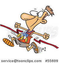 Cartoon Athletic Marathon Runner Breaking Through a Finish Line with Multiple Medals by Toonaday