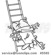 Cartoon Black and White Line Drawing of a Business Man Upside down on a Ladder Rung by Toonaday