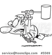 Cartoon Black and White Line Drawing of a Business Man Running with a Hammer by Toonaday