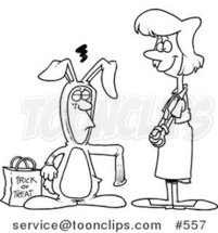 Cartoon Coloring Page Line Art of a Mother Admiring Her Son in a Rabbit Costume for Halloween by Toonaday