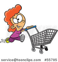 Cartoon Red Haired Fast Girl Running with a Shopping Cart by Toonaday