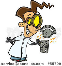 Cartoon Brunette Mad Scientist Boy Pulling an Electric Switch by Toonaday