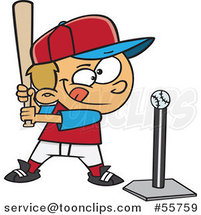 Cartoon Focused White Boy Batting a Tee Ball by Toonaday