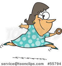 Cartoon Chubby White Lady Leaping with a Donut in Hand by Toonaday