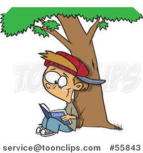 Cartoon White Boy Reading a Classic Book Under a Tree by Toonaday