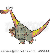 Cartoon Dinosaur in Plaid Pajamas, Carrying a Teddy Bear by Toonaday