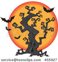 Cartoon Halloween Spooky Tree with a Full Moon and Bats by Toonaday
