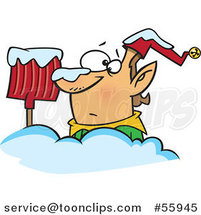 Cartoon Christmas Elf Buried in Snow by a Shovel by Toonaday