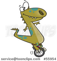 Cartoon Green T Rex Dinosaur on a Unicycle by Toonaday