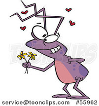 Cartoon Romantic Purple Bug Holding out Flowers by Toonaday