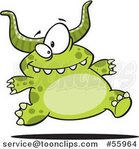 Cartoon Happy Green Horned Monster Running by Toonaday