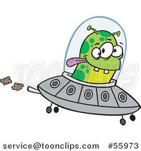 Cartoon Green Alien Flying a UFO by Toonaday