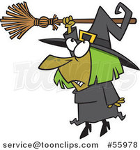 Cartoon Hapless Halloween Witch Hanging from Her Broomstick by Toonaday