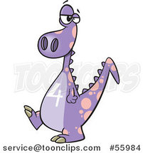 Cartoon Purple Dinosaur with a Number Four on His Tummy by Toonaday