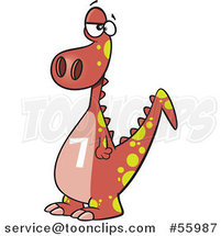 Cartoon Red Dinosaur with a Number Seven on His Tummy by Toonaday