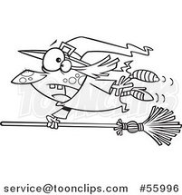 Black and White Cartoon Witch Hanging on to a Runaway Broom by Toonaday