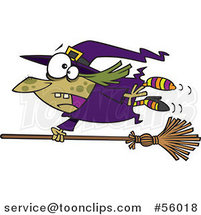 Cartoon Green Witch Hanging on to a Runaway Broom by Toonaday