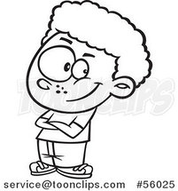 Black and White Cartoon Confident Little Boy with Folded Arms by Toonaday