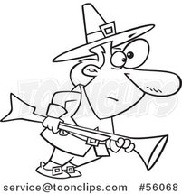 Cartoon Outline Thanksgiving Pilgrim Guy Turkey Hunting with a Blunderbuss by Toonaday