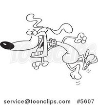Cartoon Black and White Line Drawing of a Happy Dog Jumping by Toonaday