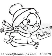 Cartoon Outline Boy Running with a Christmas Santa Letter by Toonaday