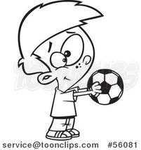 Cartoon Outline Boy Holding out a Soccer Ball by Toonaday