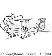 Cartoon Outline Retired Business Man with Golf Clubs at His Side, Throwing a Paper Plane at His Desk by Toonaday