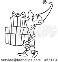 Outline Cartoon Christmas Elf Carrying a Stack of Presents by Toonaday