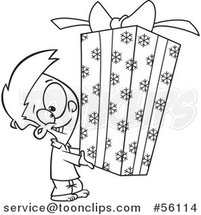 Outline Cartoon Little Boy Holding a Big Christmas Gift by Toonaday