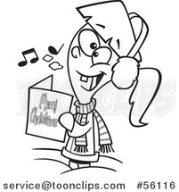 Outline Cartoon Festive Little Girl Singing Christmas Carols by Toonaday