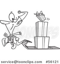Outline Cartoon Christmas Elf Pulling a Stack of Presents on a Sled by Toonaday