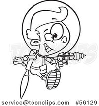 Outline Cartoon Space Boy Flying with a Jet Pack and Ray Gun by Toonaday