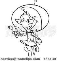 Outline Cartoon Little Space Girl Flying and Holding a Ray Gun by Toonaday