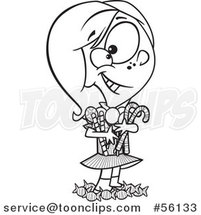 Outline Cartoon Little Girl Hugging and Standing in Her Candy Stash by Toonaday