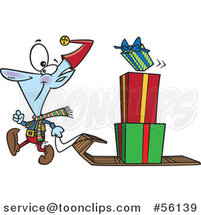 Cartoon Christmas Elf Pulling a Stack of Presents on a Sled by Toonaday