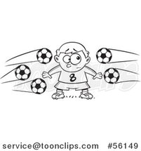 Outline Cartoon Nervous Goal Tender Boy with Soccer Balls Flying at Him by Toonaday