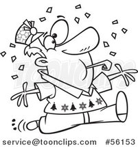 Outline Cartoon Festive Guy Blowing a Noise Maker and Jumping in Confetti on New Years by Toonaday