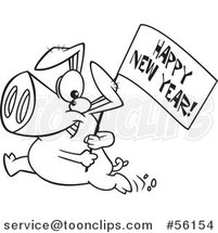 Outline Cartoon Pig Running with a New Year Sign by Toonaday