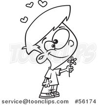 Cartoon Outline Sweet Valentines Day Boy Holding a Flower by Toonaday