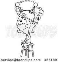 Cartoon Outline Girl Sitting on a Stool with a Thinking Cap on by Toonaday